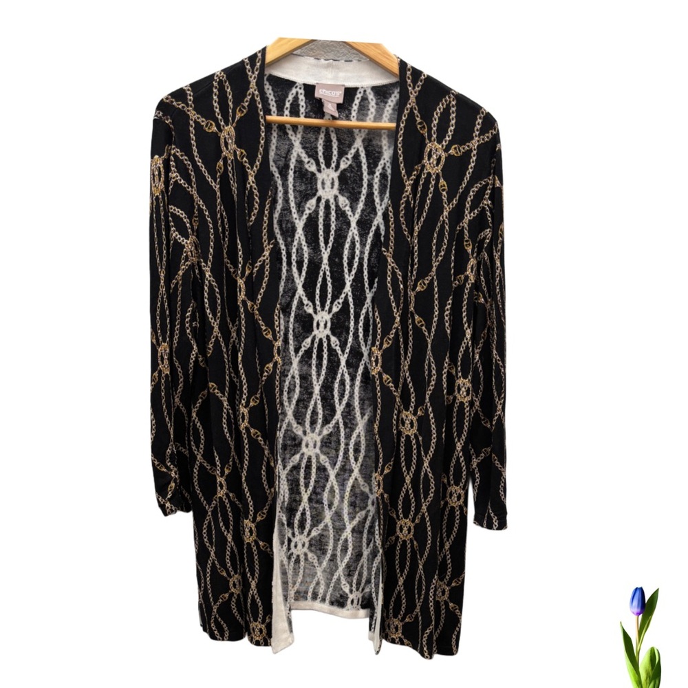 Chico’s Cardigan black and gold chain’s pattern 
Size 3 (XL)